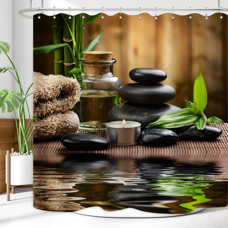 ZXMBF Zen Spa Shower Curtain Basalt Stones Herbal Oil Scent Candles Bamboo and Water Reflection Relaxing Meditation Home DÃ©cor Waterproof Fabric 72x72 Inch Plastic Hooks 12PCS - Image 4